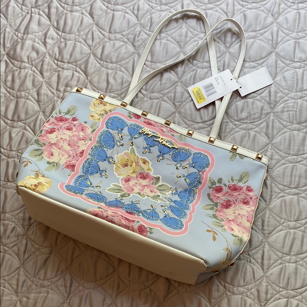 Betsey Johnson Ballerina Floral Tote Bag - Blue and Cream w/ Gold Embellishment